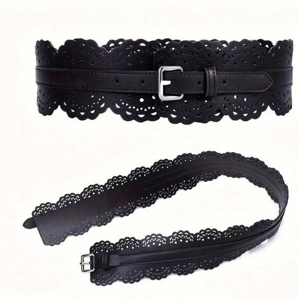 Luxe Vegan Leather Scallop Cut out Buckle Wide belt